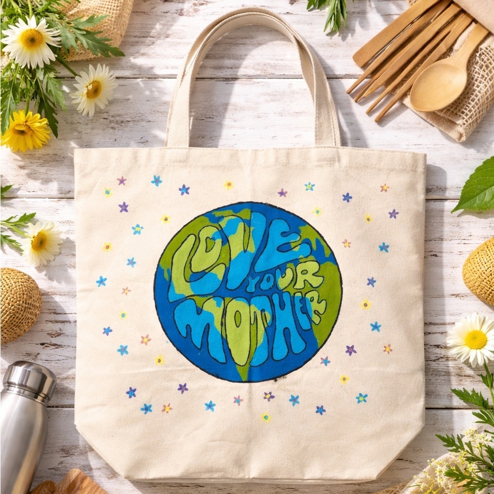 Hand Painted Love Your Mother Earth Canvas Tote Bag Boho Eco Market Bag